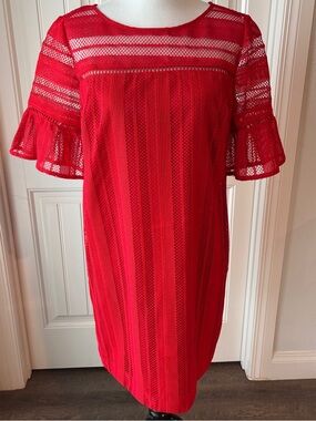 Trina Turk Red Lace Shift Dress with Ruffle Sleeves